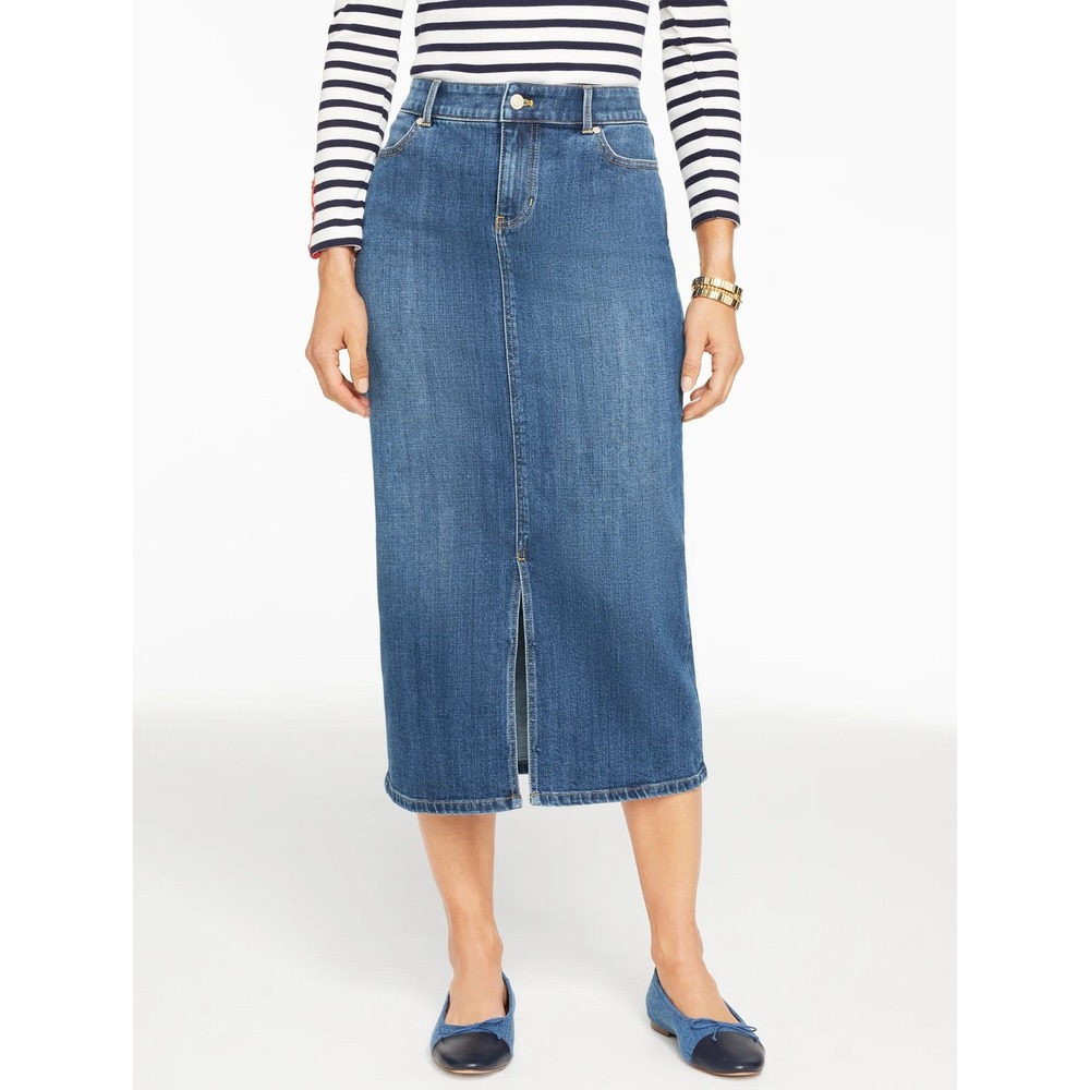 Talbots Womens Denim Midi Skirt Medium Wash Front Slit Straight Size 10